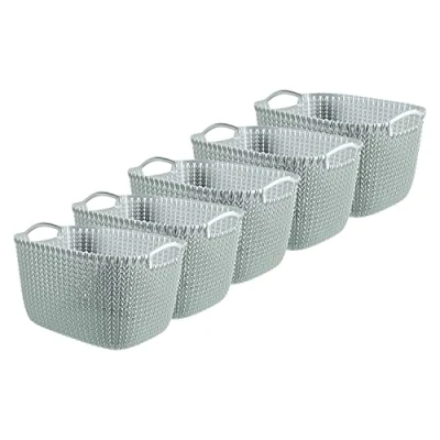 Image of Curver Knit Effect Set of 5 Kitchen, Living room, Bathroom, Bedroom, Utility Large Rectangular Storage Baskets 19 Litres Misty Blue