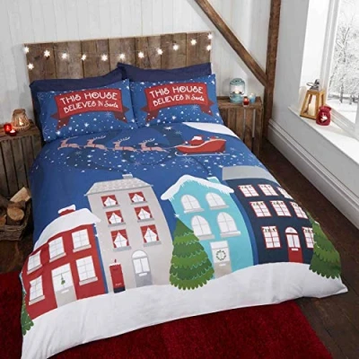Image of Rapport Kids Glow in The Dark Christmas Duvet Cover Set, Polycotton, Blue, Double