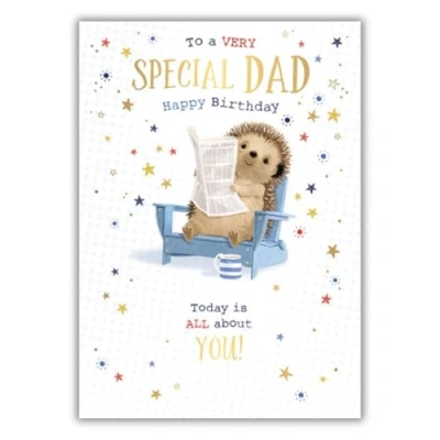 Image of Dad Birthday Card Very Special Hedgehog and Stars Design Finishes Illustrated Insert Leaf Made in the UK Eco Friendly