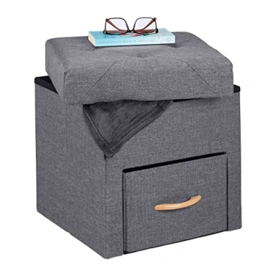 Image of Relaxdays Footstool with Storage Space, Drawer &amp; Compartment, Folding Stool Seat, Padded, HWD: 40.5 x 40 cm, Grey