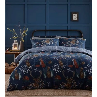 Image of furn. Forest Fauna 3pcs Double Duvet Cover Set, Cotton, Polyester, Navy (FORESTF/D02/NVY) , Blue