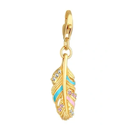 Image of Feather Charm Pendant 925 Sterling Silver Gold Plated for Women and Girls, Golden Angel Symbol with Crystals, Charms Fits All Standard Bracelets Necklaces
