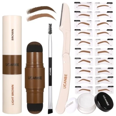 Image of UCANBE 25PCS Eyebrow Stamp Stencil Kit With Dual Color Pomade,20 Reusable Stencils,Finising Powder,Brush,Eyebrow Razor,Zipper Pouch,Waterproof Eye Brow Stamping and Shaping Kit02