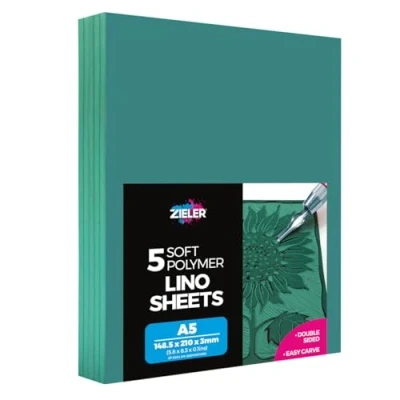 Image of Lino Sheets A5 Printing Block by Zieler® Double Sided, Easy Carve Soft 210x148x3mm Sheets. Ideal for School or Home (Pack of 5)