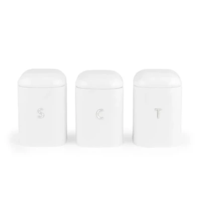 Image of Salter Boston 3 Piece Canister Set Tea, Coffee, Sugar Tins, Ice White Shimmer Finish with Embossed Lettering, Durable Steel, Long Lasting Freshness, Stylish Kitchen Food Storage Easy Open Lids