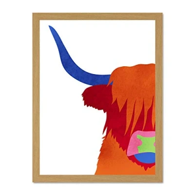 Image of Wee Blue Coo Bright Highland Scottish Cow Bull Colourful Large Framed Art Print Poster Wall Decor 18x24 inch