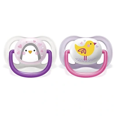 Image of Avent Ultra Air Animals 2 Orthodontic Silicone Soothers 0 6 Months Pinguin/Bird Purple and Pink