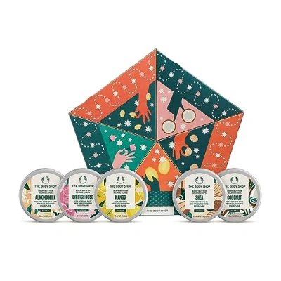 Image of The Body Shop Slather &amp; Nourish Butter Care Holiday Gift Set, Vegan, 5 Piece Set x 50 ml, Amond Milk, Mango, Shea, Coconut, British Rose Scents