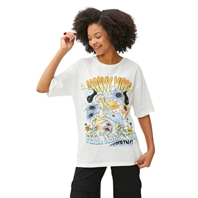 Image of Koton Women&#039;s Crew Neck Printed Short Sleeve Cotton T Shirt, Ecru (010), XS