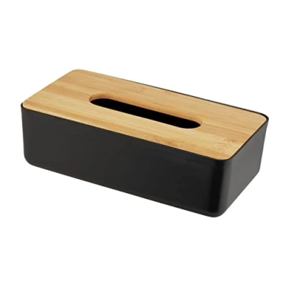 Image of WENKO Rotello cosmetic tissue box, box for tissues or handkerchiefs, plastic with bamboo lid, easy to remove, storing standard cardboard boxes, 24 x 7.5 12.7 cm, black/nature