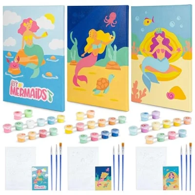 Image of BONNYCO Paint by Numbers for Children Mermaids, Pack 3 Canvases Mermaid Gifts Girls, Craft Kits Kids, Boys Girls Toys, Painting Toys
