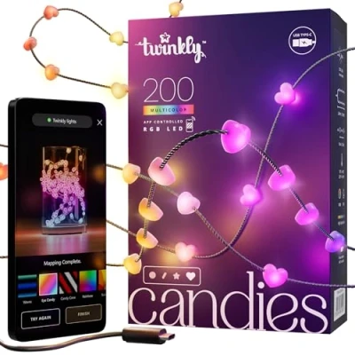 Image of Twinkly Strings USB C Heart 200 LED, Shaped LED Light String, Christmas Lights, RGB Multicolor Mappable LEDs, Compatible with Alexa, Google Home, Power, Green Wire, 12m