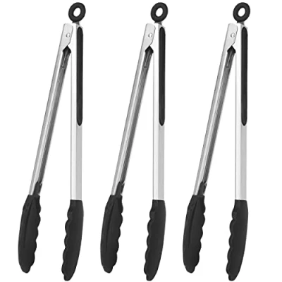 Image of Serving Tongs Kitchen Heat Resistant, Premium Stainless Steel Locking Cooking with Silicone Tips, Non Slip Food for Cooking, Heavy Duty, Stick (30 CM(3 Pack))