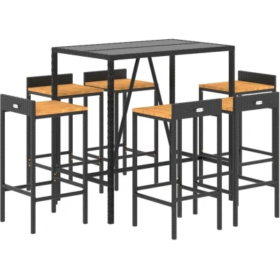 Image of vidaXL 7 Piece Garden Bar Set Black Poly Rattan&amp; Solid Wood Acacia