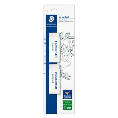 Image of Staedtler rasoplast Eraser 526 B2BK2D Plastic Phthalate, Latex 65 x 23 13 MM Pack of 2 on Blister Card, White