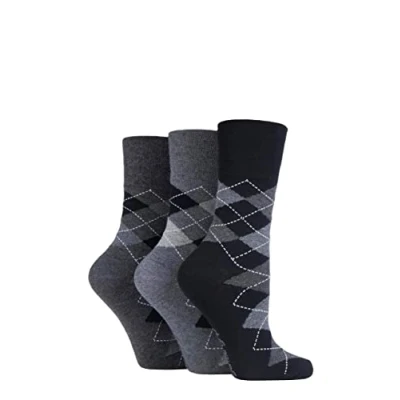 Image of Women&#039;s 3 Pair Gentle Grip Argyle Patterned Cotton Socks Tonal 4 8 Ladies