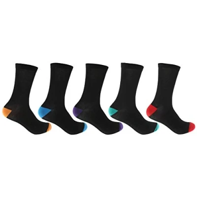 Image of RJM Mens 5 Pack Cotton Rich Socks Black with Bright Coloured Heels &amp; Toes 7 11
