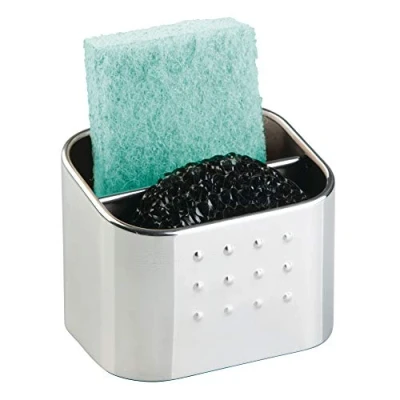 Image of iDesign 66072 Sink Caddy with Double Compartment, Small Sponge Holder Made of Stainless Steel, Modern Soap Dish for Bathroom or Kitchen, Matte Silver