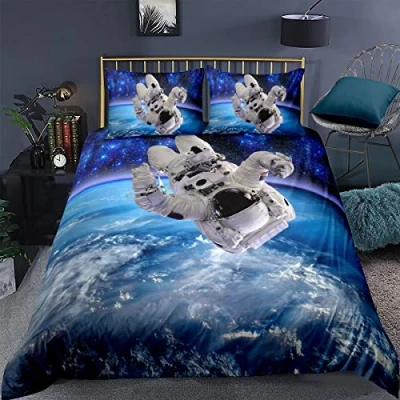 Image of Astronaut Bedding Set Double Size Outer Space Theme Comforter Cover Galaxy Star Duvet with 2 Pillowcases Soft Microfiber Zipper Decorative Universe Earth Quilt 3 Piece Navy Blue