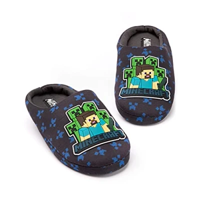 Image of Minecraft Slippers for Boys Various Styles Kids Blue Navy Black Sequin Creeper House Shoes Children &amp; Teens Gaming Footwear Merchandise