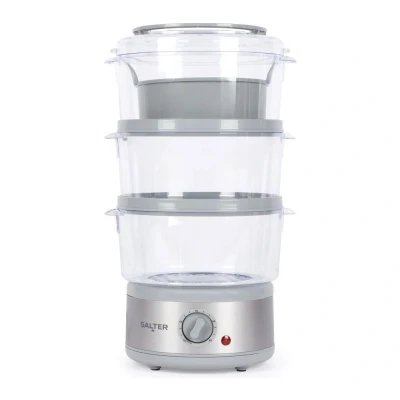 Image of Salter Aspen 3 Tier Food Steamer 7.5L Capacity, Stackable Steaming Baskets, 600 ml Rice Bowl, 60 Minute Timer, Collapsible for Easy Storage, Healthy Cooking, Vegetables, Fish, 500W, EK6351MMS