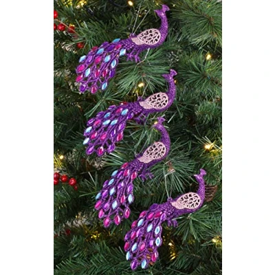Image of Christmas Concepts® 20cm (8&quot;) Peacock Decoration With Jewelled Tail Luxury Tree Decorations (Purple Beaded, Pack of 4)