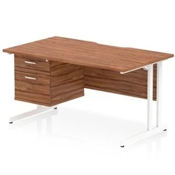 Image of Impulse 1400 x 800mm Scalloped Edge Straight Office Desk Walnut Top White Cantilever Leg Workstation 1 2 Drawer Fixed Pedestal