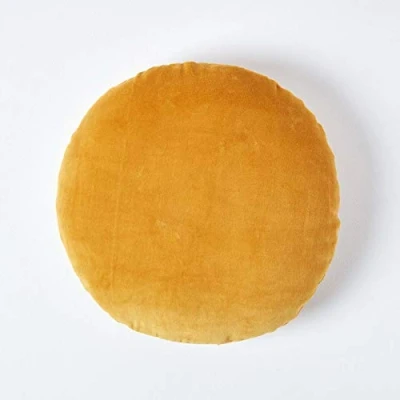 Image of HOMESCAPES Mustard Round Velvet Cushion Super Soft Cotton Luxury Filled Scatter Thick Plain Dark Yellow Accent Throw Pillow for Sofa and Bed Decoration, 40cm (15&quot;) Diameter