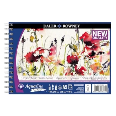 Image of Daler Rowney Aquafine Textured Cold Pressed Watercolour &amp; Gouache 300gsm A5 Paper Spiral Travelbook, Natural White, 12 Sheets, Ideal for Professional Beginner Artists Students, Acid Free