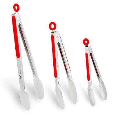 Image of WINPOST Stainless Steel Kitchen Tongs Set of 3 21cm,27cm and 34cm,Stainless Non Slip Heat Resistant Handle Great for Cooking, Salad, Grilling Barbecue (21cm+27cm+34cm, Red)
