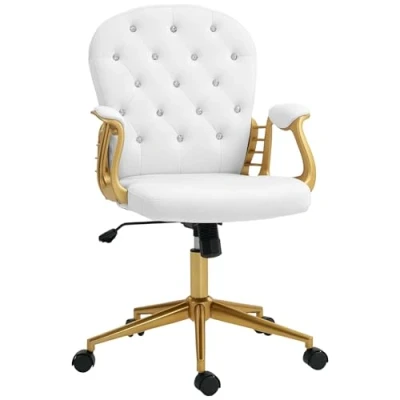 Image of Vinsetto Office Chair, Swivel Desk Faux Leather Vanity Chair with Adjustable Height and Rolling Wheels for Home Work Study, Cream White