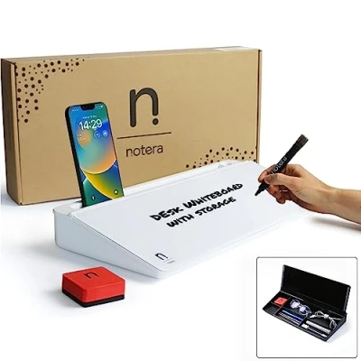 Image of Notera Wedge Desktop Whiteboard All in One Desk &amp; Tidy Organiser. This Glass is Ideal as a Small Office Store for Home Accessories. (White, 40cm)