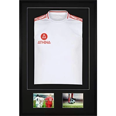 Image of Athena Premium Wood DIY Adult 3D Mounted + Double Aperture Sports Shirt Display Frame for Football Shirt, Rugby Shadow Box 61 x 91.5cm Black Frame, Mount, Backing Card