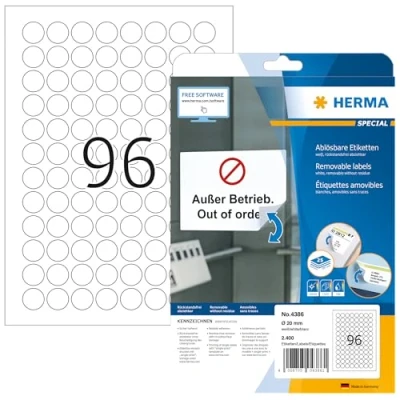 Image of HERMA Self Adhesive Removable Round Labels, 96 Labels per A4 Sheet, 25 Sheets, Ø 20 mm, 2400 Blank Multipurpose Stickers, Sticky Dots for Laser &amp; Inkjet Printer, White