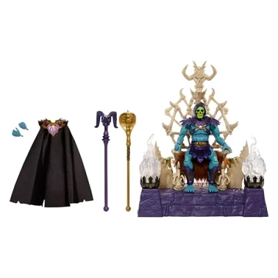 Image of Masters of the Universe Masterverse Skeletor Action Figure &amp; Throne Pack, MOTU Toy, Lighted Sconces, Removable Hood Cape, 2 Staff Accessories, HXX63