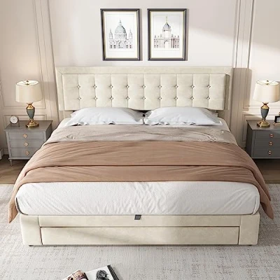 Image of Merax Velvet Upholstered Bed, King Size Bed with Large Storage Space 5ft(150 * 200cm) Slatted Frame and Headboard Double Wooden Support Without Matress, Cream