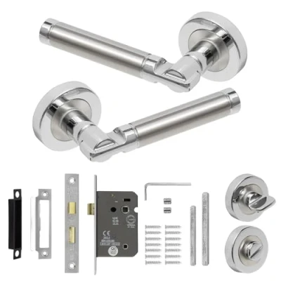 Image of Decoranddecor Internal Door Handles Bath Lock Kit Lever On Rose with Turn and Release (Brushed Chrome)