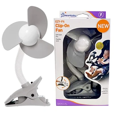 Image of Dreambaby Stroller Fan Adjustable Clip On with Soft Foam Fins Portable and Convenient Cooling Solution for Strollers, Cribs, Table Desk White/Grey (Batteries not included)