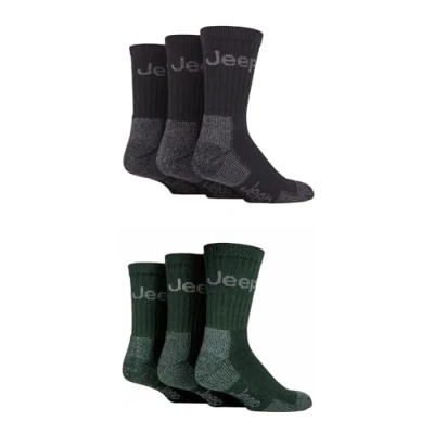 Image of Jeep Mens Cotton Boot Socks Luxury Terrain Calf Length Plain with Logo,Ribbed, Cushioned &amp; Chunky for Walking, Hiking, Trekking the Outdoors Size 6 11 Pair Multipack Black/Forest