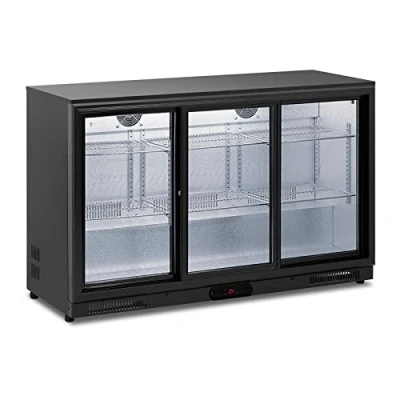 Image of Royal Catering RC BC009 Beverage Cooler 318 L Black Powder Coated Steel Fridge Drinks Bottle (Powder Steel, Double Walled Tempered Glass, Sliding Doors)