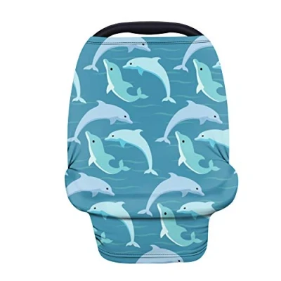 Image of Binienty Stretchy Car Seat Cover for Baby Boys Girls, Breathable Infants Carseat Canopies Stroller Cover, Cartoon Dolphin Print