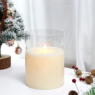 Image of JHY DESIGN Large 3 Wicks Glass Candle Battery Operated with 6 Hour Timer, 20cm Dia Swing 3D Effect Flickering for Festival Party Christmas Winter (White)