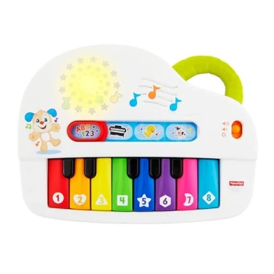 Image of Fisher Price Silly Sounds Light Up piano UK English Edition, take along toy with lights, real music notes and learning songs for baby toddlers, GFK04