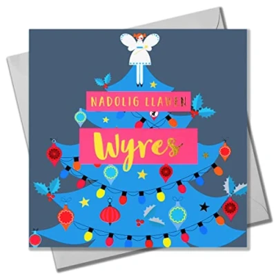 Image of Welsh Christmas Card, Wyres, Granddaughter Fairy, text foiled in shiny gold