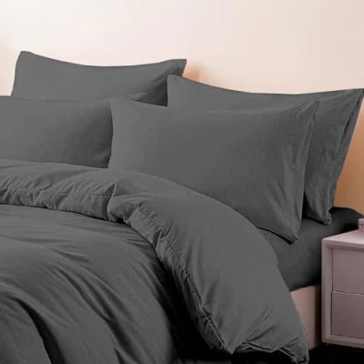 Image of 4 Piece 100% Brushed Cotton Double Size Flannelette Duvet Cover Set with Fitted Sheet &amp; Pillow Cases, Thermal Flannel Bedding Sets (Charcoal, Double)