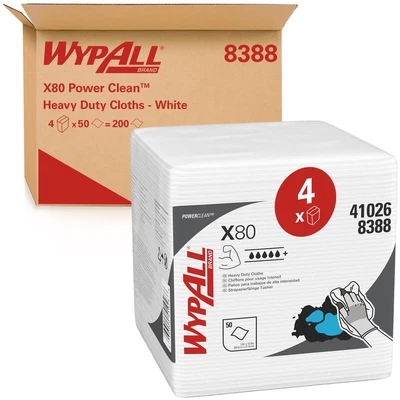 Image of Wypall 8388, X80 Quarter Fold Cloths, 1 ply, white, 4 packs x 50 cloths