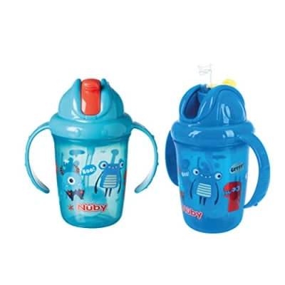 Image of Nuby Flip N Sip Water Bottle No Spill Sippy Cup 240ml / 8oz Twin Handle Weighted Straw Dishwasher Safe Suitable Beaker for 6 Months Plus (Pack of 2), 048526890439