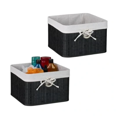 Image of Relaxdays Storage Basket, Set of 4, Bamboo with Fabric Liner, 20x31x31 cm, Handle, Organiser Box, Bathroom, Black