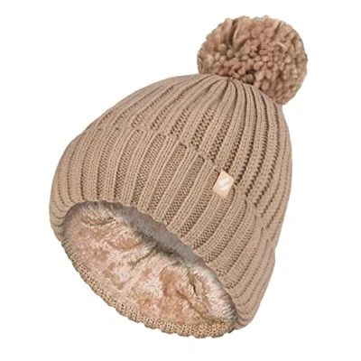 Image of HEAT HOLDERS Ladies Thick Chunky Ribbed Cuffed Thermal Insulated Winter Pom Bobble Hat (One Size, Beige)