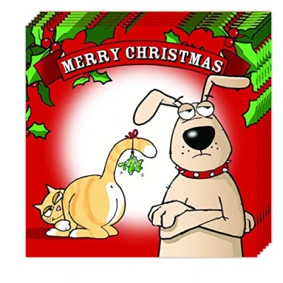 Image of Twizler Funny Christmas Cards Pack of 6 Cat &amp; Dog Mistletoe Design Multipack Merry